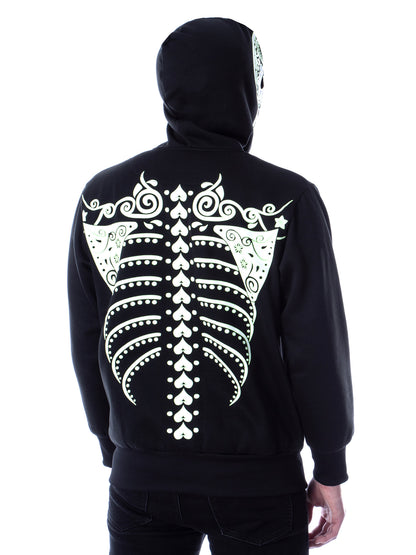 Men's Glow in The Dark Skeleton Costume Zip Hoodie (Dia De Los Muertos, Large)