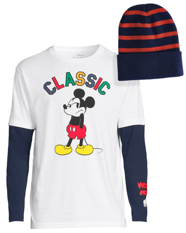Mickey Mouse Men's Grumpy Classic Faux Long Sleeve T-Shirt with Beanie (M)