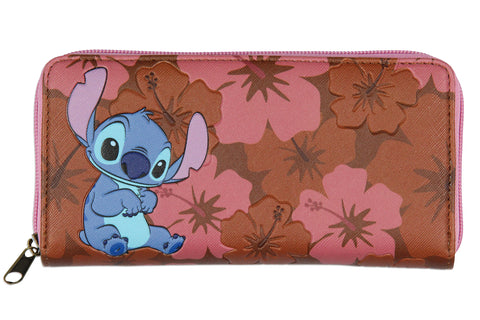 Disney Lilo And Stitch Allover Floral Stamped Design Full Zip Wallet