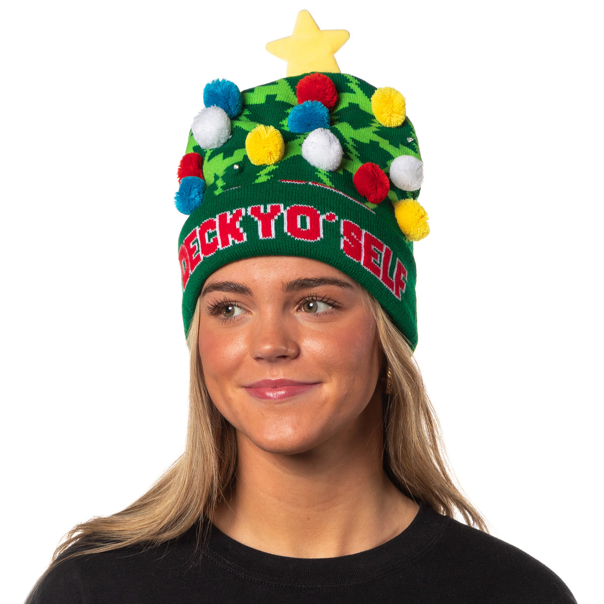Festive Holiday Novelty Adult Light Up Knit Beanie Pom Pom Hat Cap OSFM