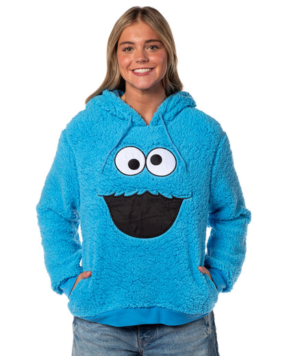 Sesame Street Women's Cookie Monster Embroidered Face Plush Fleece Hoodie