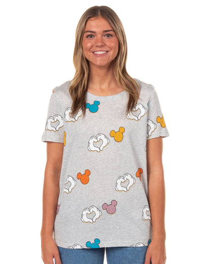 Disney Women's Mickey Mouse Heart Hands Allover Print T-Shirt Adult