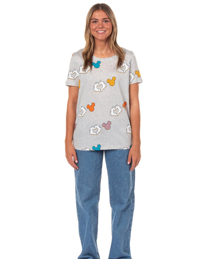 Disney Women's Mickey Mouse Heart Hands Allover Print T-Shirt Adult