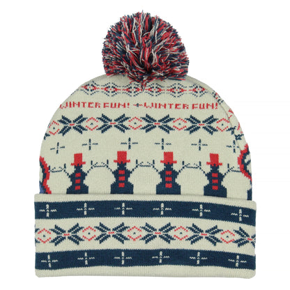 Frosty The Snowman Beanie Winter Fun Fair Isle Frosty Design Cuff Top Pom Beanie