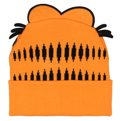 Garfield Beanie Men's Allover Face Design w 3D Ears Faux Fur Tufts Fold Cuff Beanie
