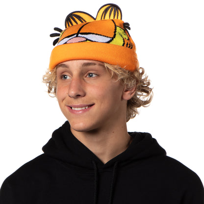Garfield Beanie Men's Allover Face Design w 3D Ears Faux Fur Tufts Fold Cuff Beanie
