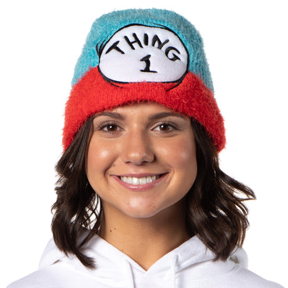 Dr. Seuss The Cat In The Hat Thing 1 and Thing 2 Embroidered Fuzzy Yarn Beanie