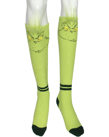 Dr Seuss The Grinch Women's Christmas Plush Grinch Face Knee-High Gripper Sock