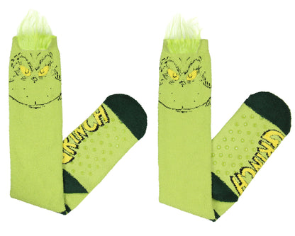 Dr Seuss The Grinch Women's Christmas Plush Grinch Face Knee-High Gripper Sock