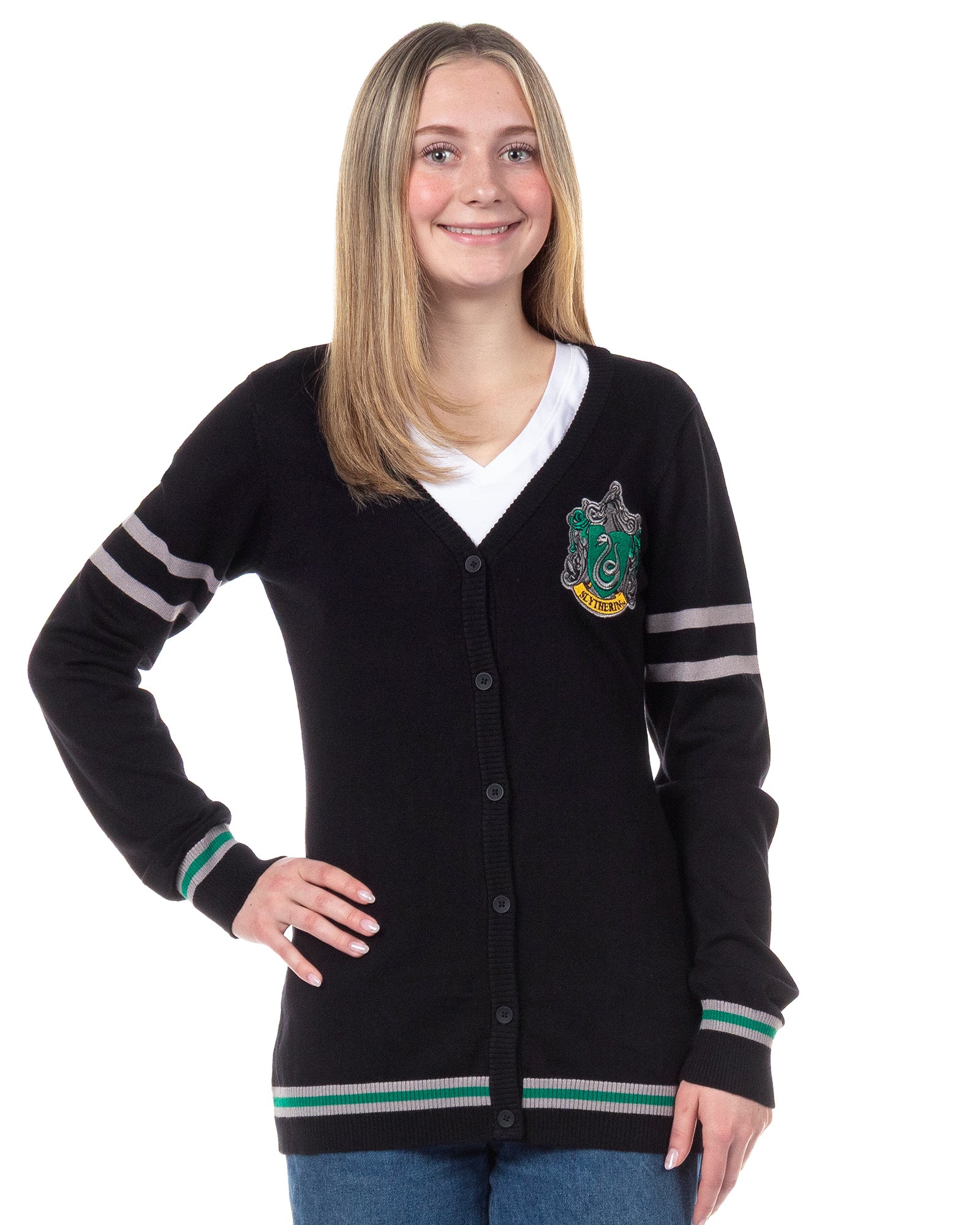 Harry Potter Womens' Slytherin House Open Front Cardigan Juniors Knit Sweater