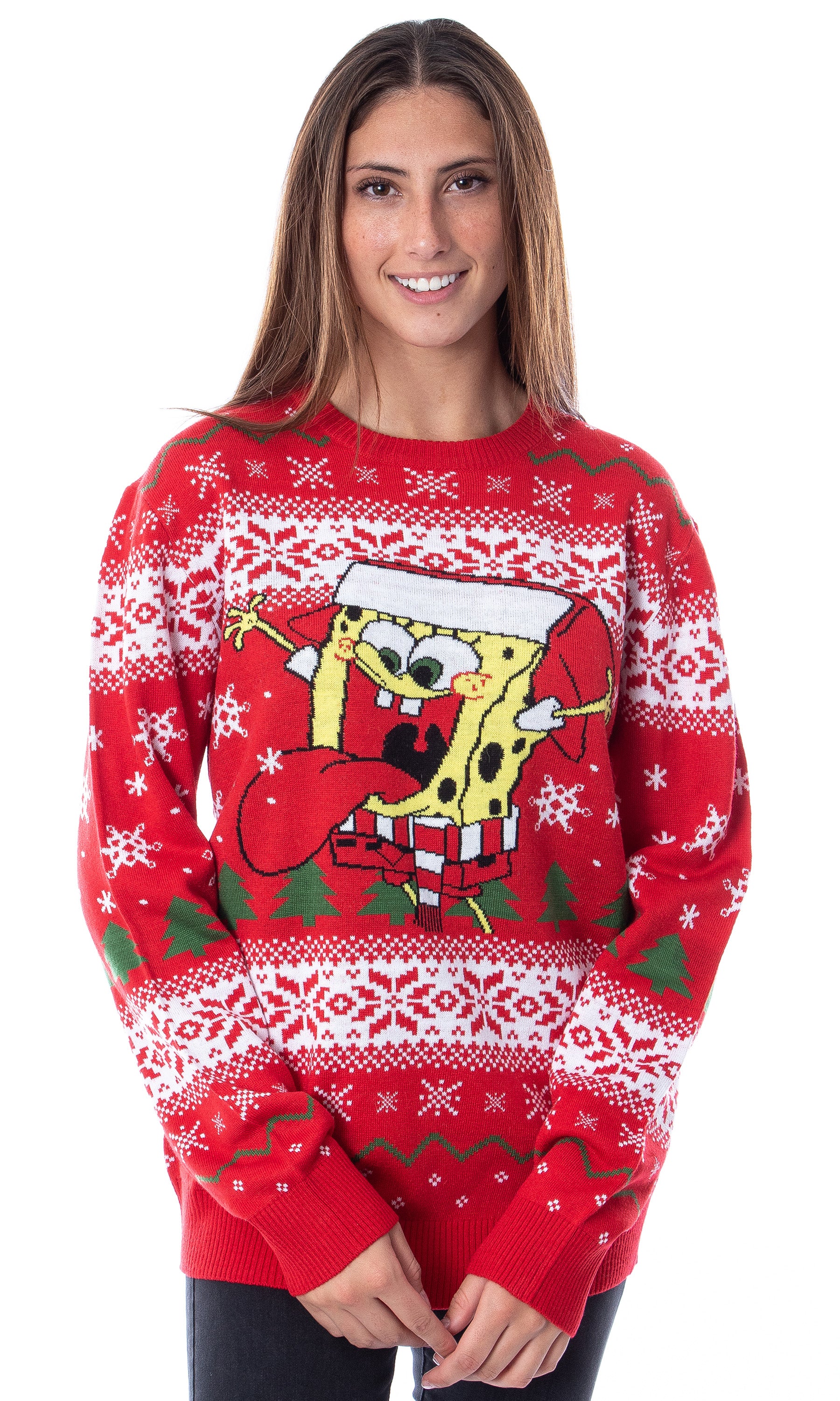 SpongeBob SquarePants Men's Snowflake Catching Ugly Sweater Knit Pullover