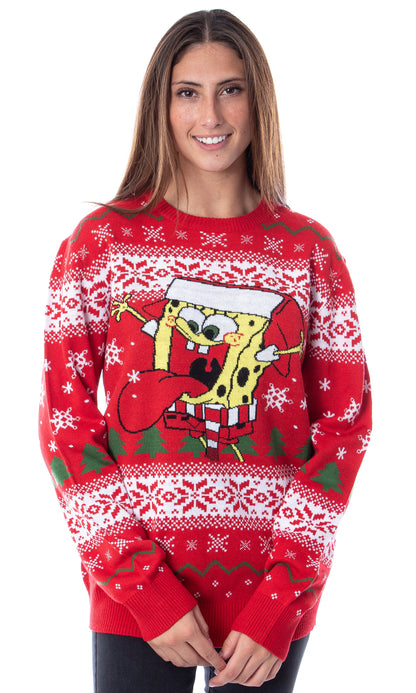 SpongeBob SquarePants Men's Snowflake Catching Ugly Sweater Knit Pullover