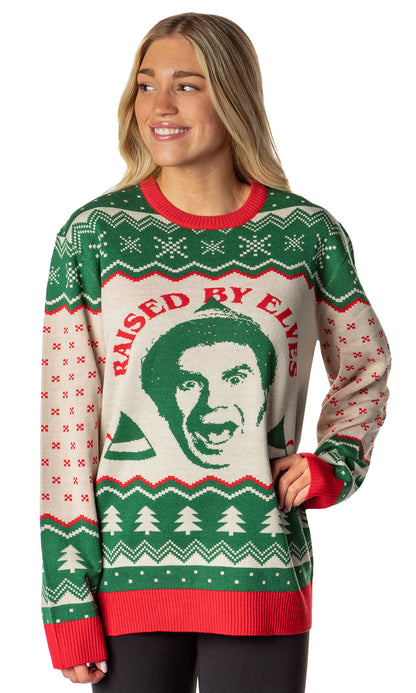 ELF The Movie Men's Raised By Elves Ugly Sweater for Christmas Knit Pullover