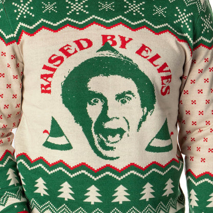 ELF The Movie Men's Raised By Elves Ugly Sweater for Christmas Knit Pullover
