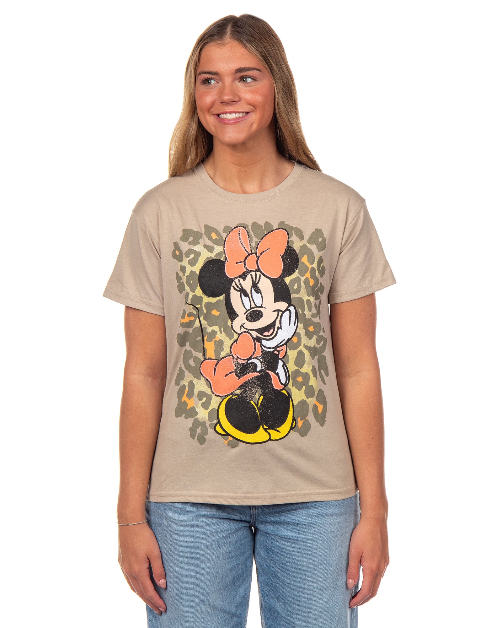 Disney Women's Minnie Mouse Distressed Classic Pose Leopard T-Shirt