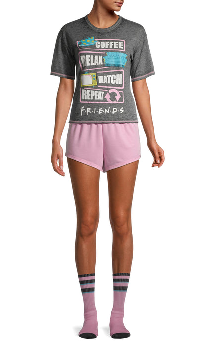 Women's Friends TV Show Pajama Set 3 PC Burnout Shirt Shorts W/ Crew Socks