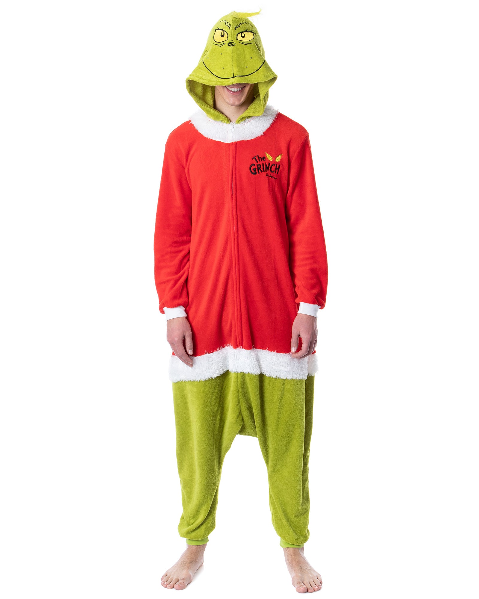 Unisex Adult The Grinch Santa Hooded Costume Union Suit One-Piece Pajama