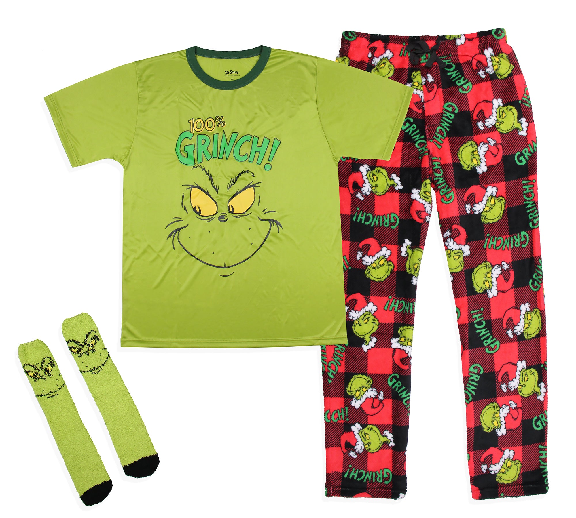 Dr. Seuss GRINCH Men's Pajama Pants Shirt and Socks 3 Piece Pajama Set