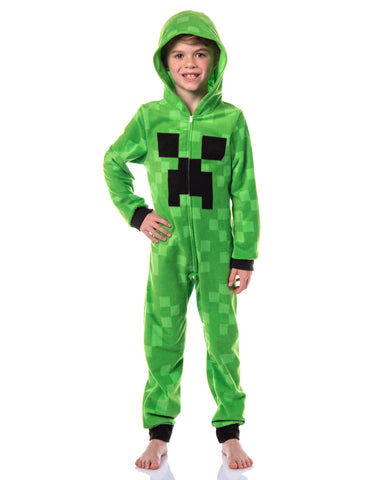 Minecraft Kids Fleece Creeper Hooded Union Suit Zip Front Footless Sleep Pajama