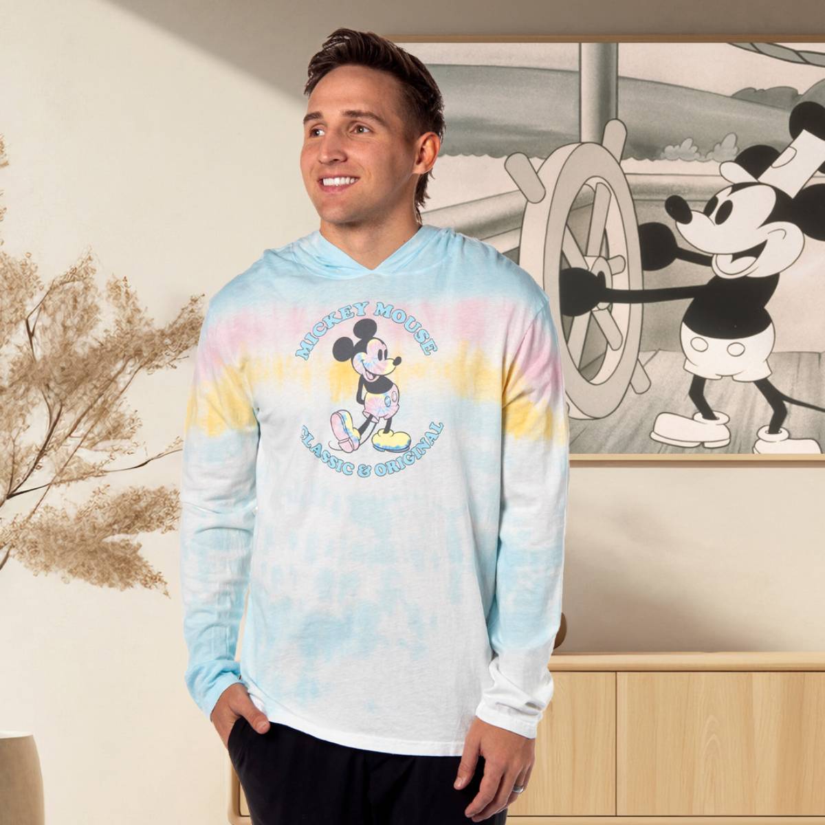 Disney Men's Mickey Mouse Classic Original Tie-Dye Long Sleeve Hooded Shirt Adult