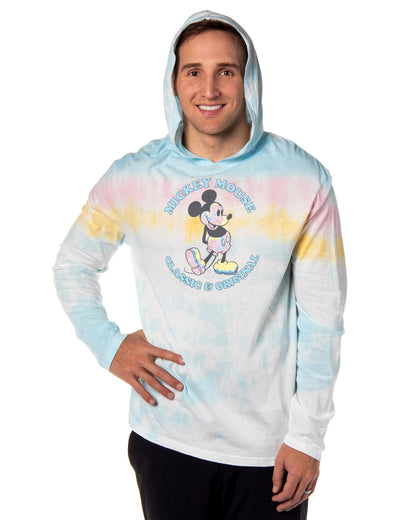 Disney Men's Mickey Mouse Classic Original Tie-Dye Long Sleeve Hooded Shirt Adult
