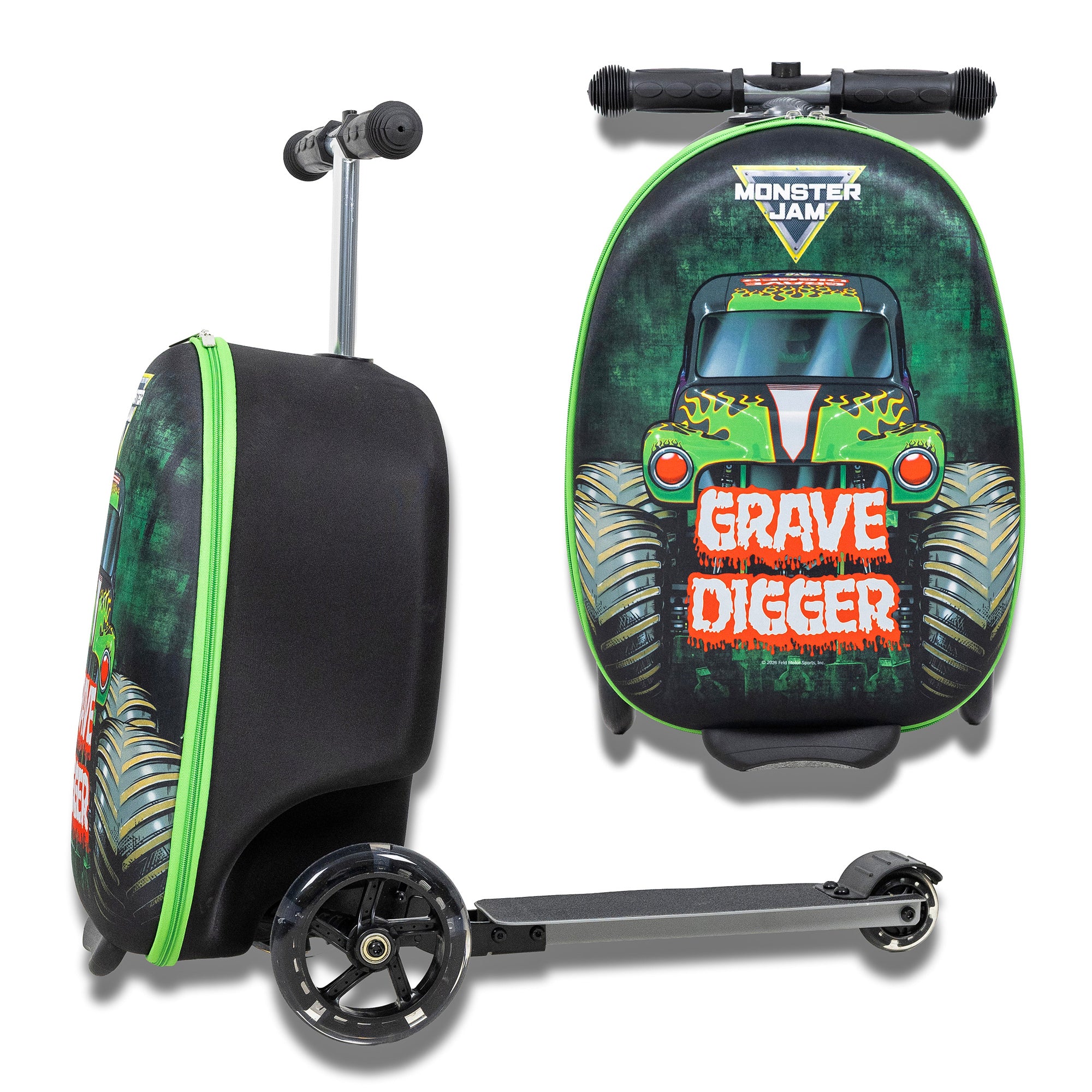 Monster Jam Suitcase Grave Digger 18" Kids Ride On Scooter Carry On Luggage