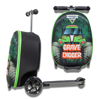 Monster Jam Suitcase Grave Digger 18" Kids Ride On Scooter Carry On Luggage