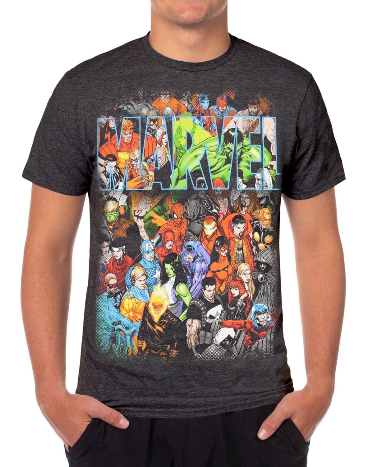 Marvel T-Shirt Mens Comics Logo Superheroes Captain America Spider-Man Hulk