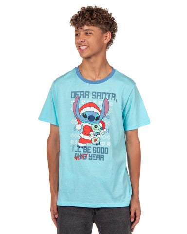 Disney Stitch T-Shirt Men's Dear Santa I'll Be Good Next Year Ringer Tee
