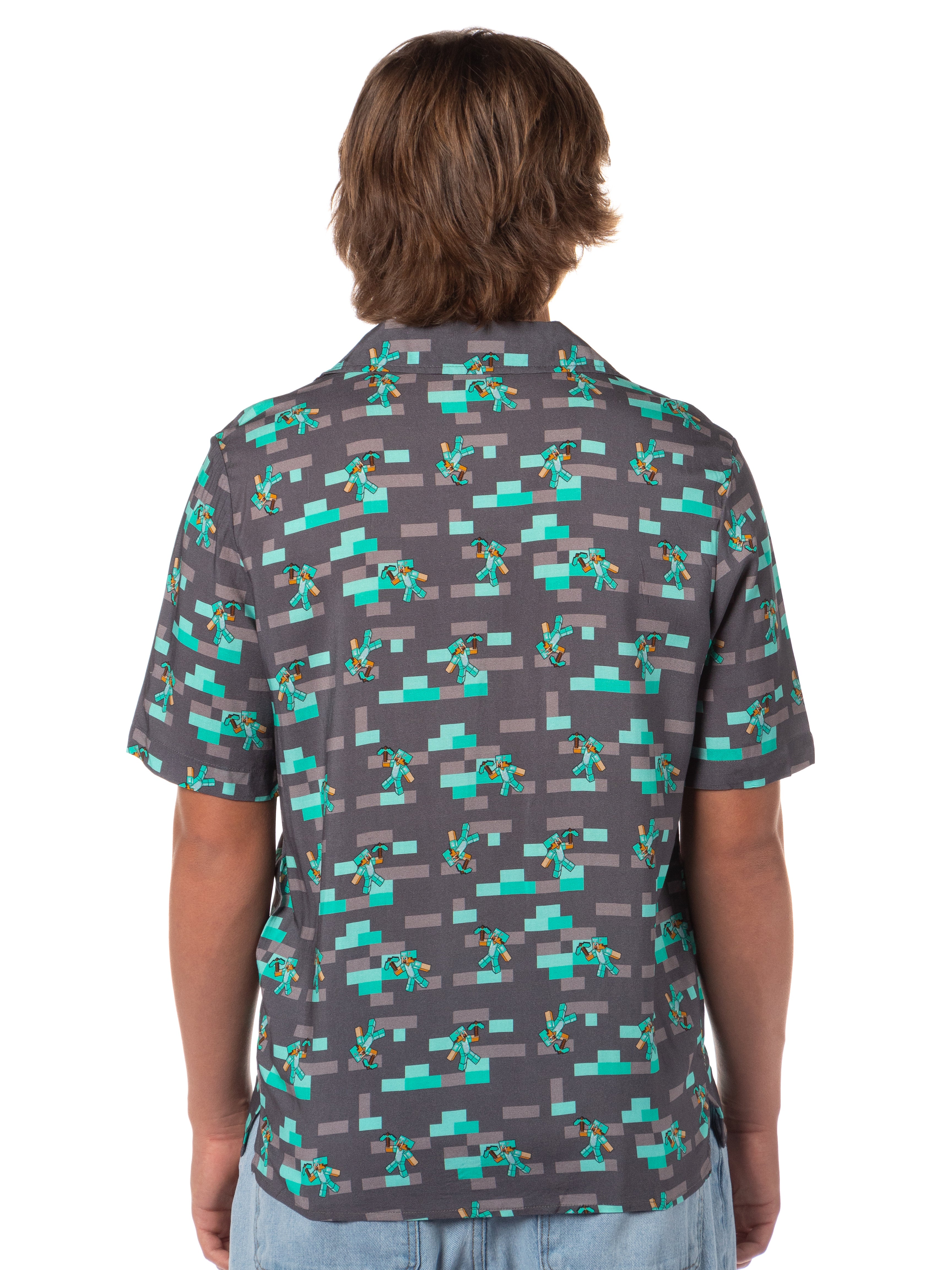 Minecraft Men's Diamond Steve Hawaiian Button Down Adult Short Sleeve Shirt