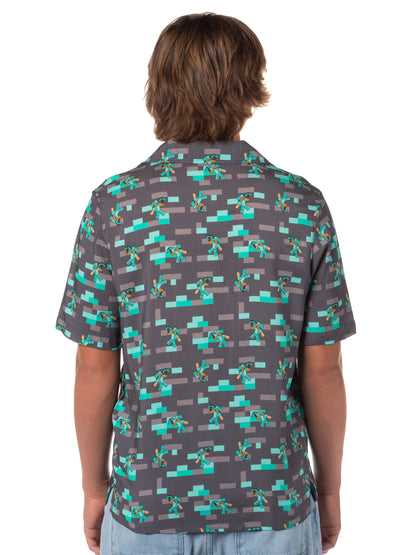 Minecraft Men's Diamond Steve Hawaiian Button Down Adult Short Sleeve Shirt