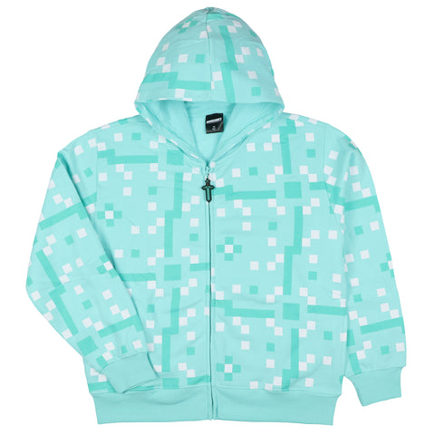 Minecraft Boys' Diamond Steve Allover Pixelated Design Full-Zip Hoodie-XL