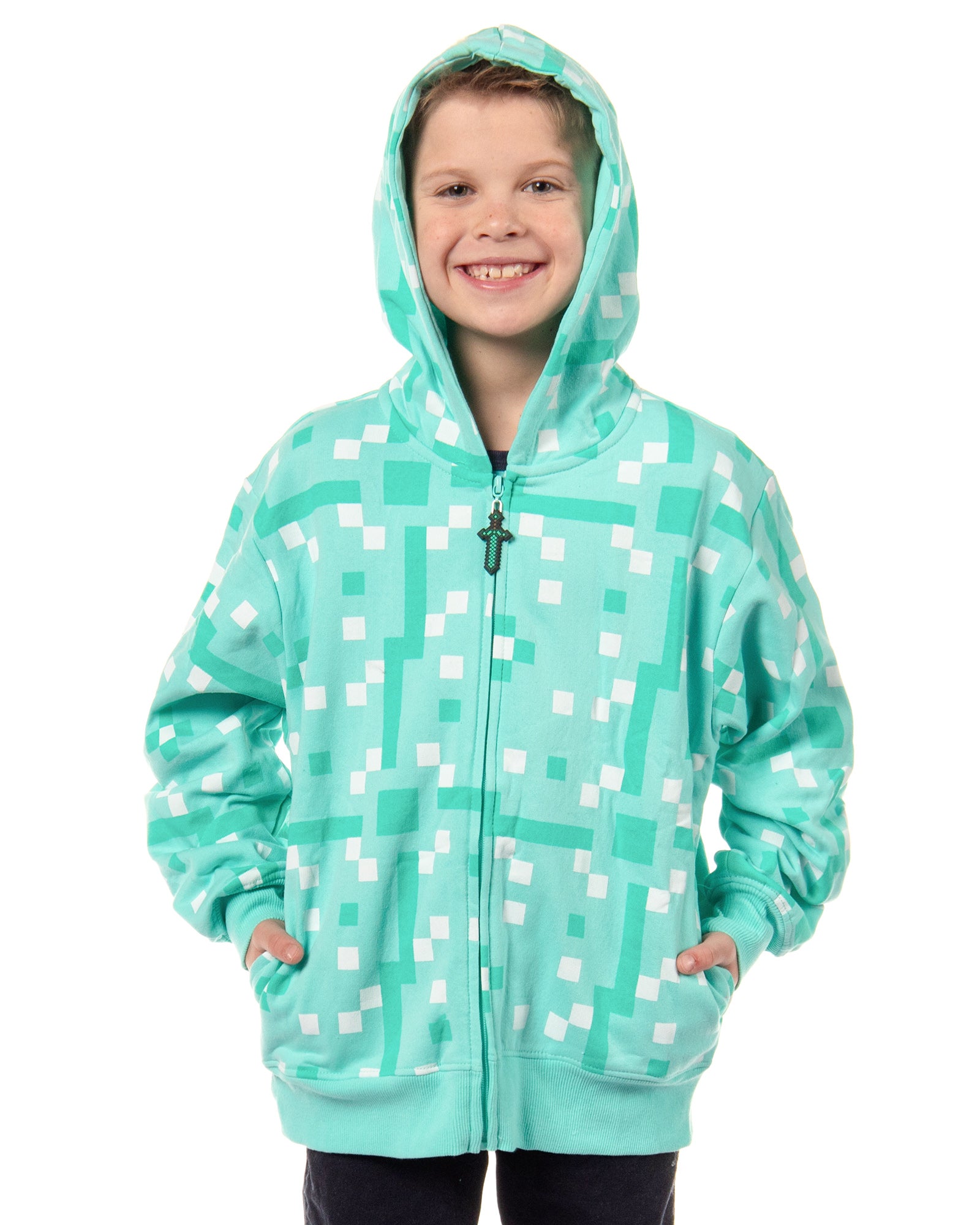 Mad Engine Minecraft Boys' Diamond Steve Allover Pixelated Design Big Kids Full-Zip Hoodie Rubber Sword Zipper Pull (X-Large) Mint Green
