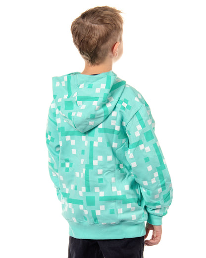 Mad Engine Minecraft Boys' Diamond Steve Allover Pixelated Design Big Kids Full-Zip Hoodie Rubber Sword Zipper Pull (X-Large) Mint Green