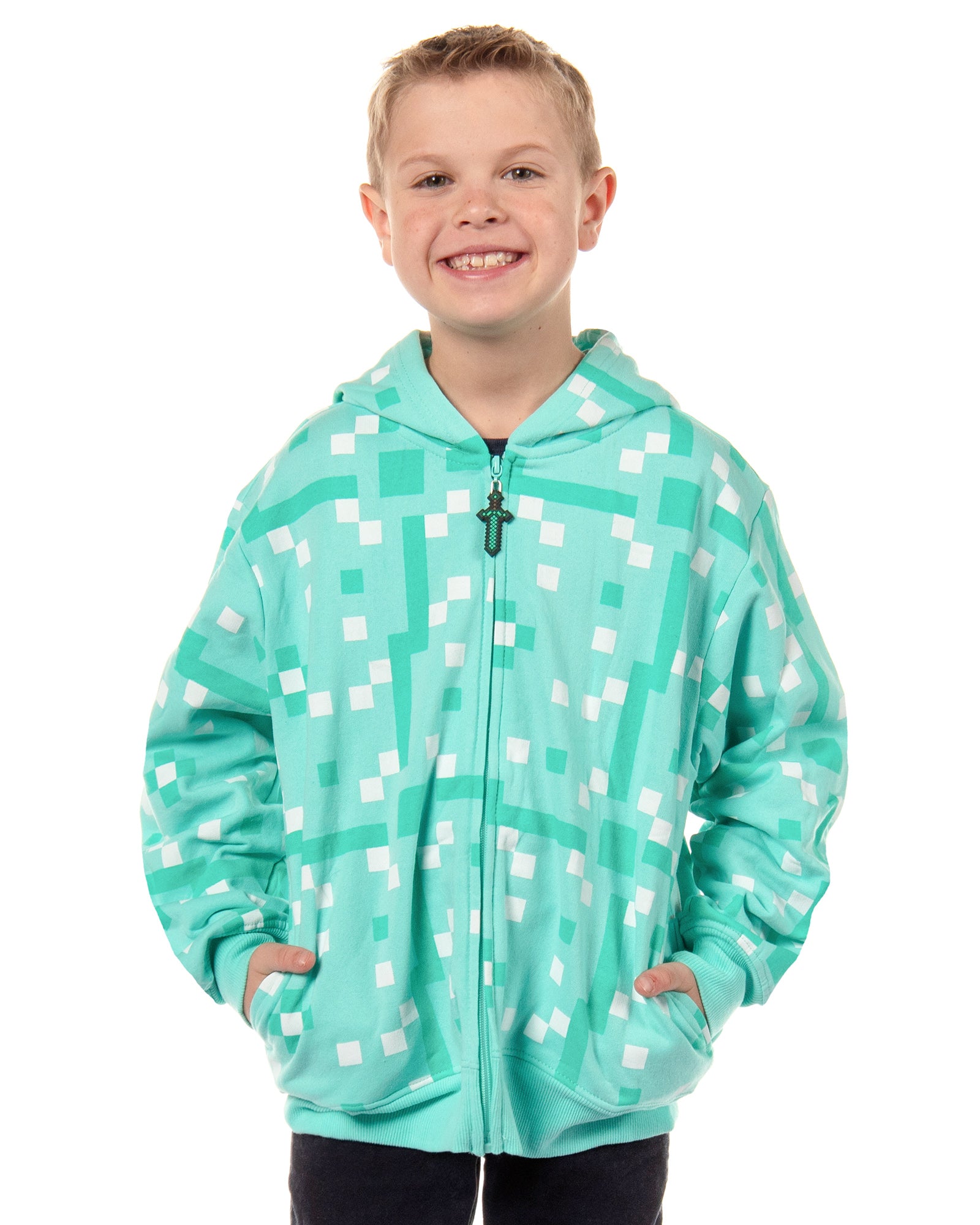 Mad Engine Minecraft Boys' Diamond Steve Allover Pixelated Design Big Kids Full-Zip Hoodie Rubber Sword Zipper Pull (X-Large) Mint Green