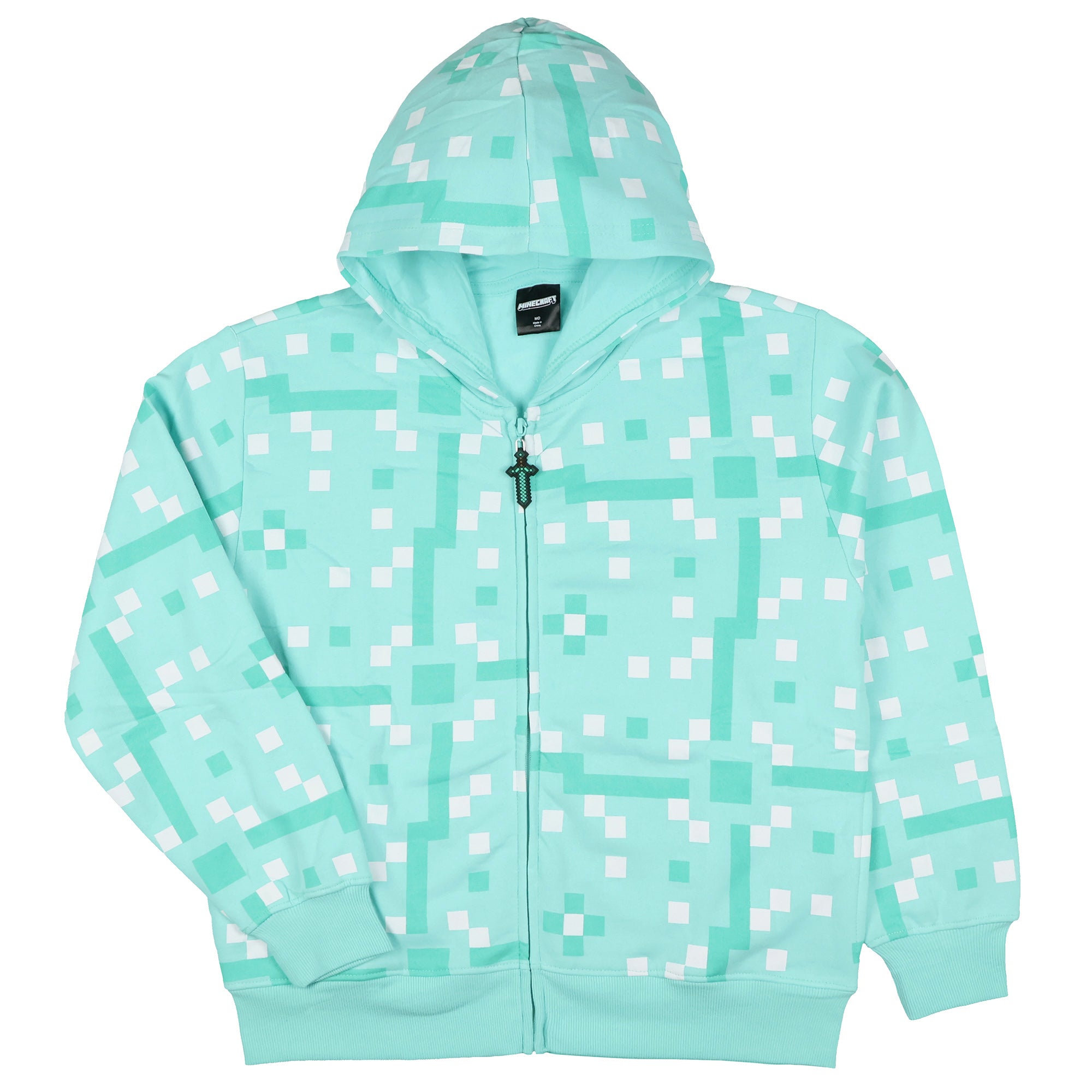 Mad Engine Minecraft Boys' Diamond Steve Allover Pixelated Design Big Kids Full-Zip Hoodie Rubber Sword Zipper Pull (X-Large) Mint Green