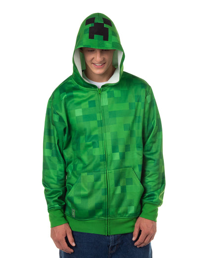 Minecraft Hoodie Men's Creeper Video Game Zip Up Costume Sweatshirt
