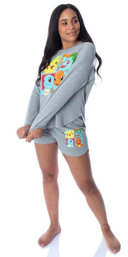 Pokemon Women's Starter Squares 2 Piece Loungewear Pajama Set LS Shirt Shorts