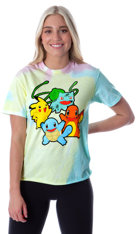 Pokemon Women's Pikachu Squirtle Charmander Bulbasaur Tie-Dye Skimmer T-Shirt
