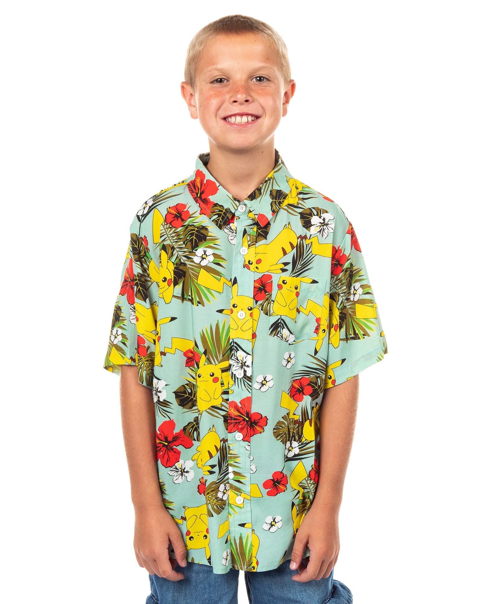 Pokemon Shirt Boy's Pikachu Hawaiian Short Sleeve Button Up Top