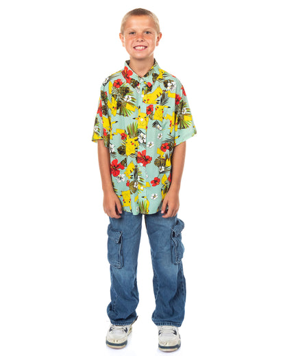 Pokemon Shirt Boy's Pikachu Hawaiian Short Sleeve Button Up Top