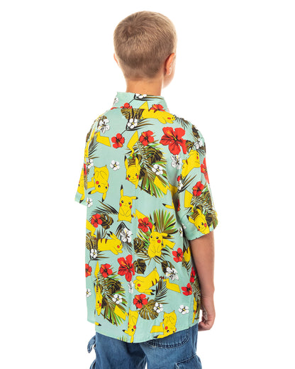 Pokemon Shirt Boy's Pikachu Hawaiian Short Sleeve Button Up Top