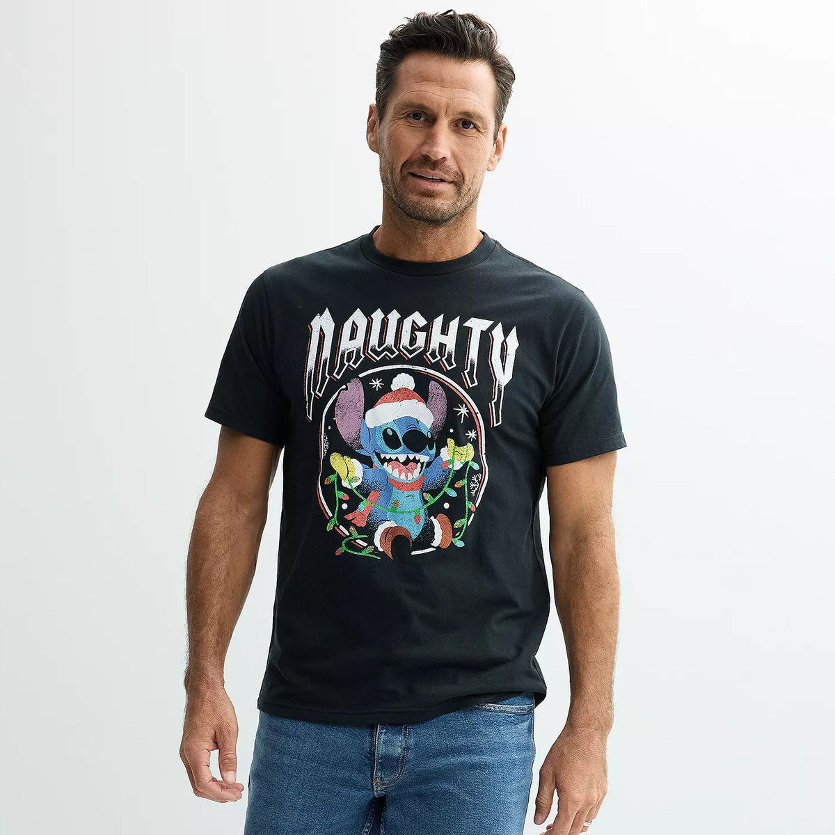 Disney Lilo and Stitch Men's Naughty Santa Stitch Holiday Tee