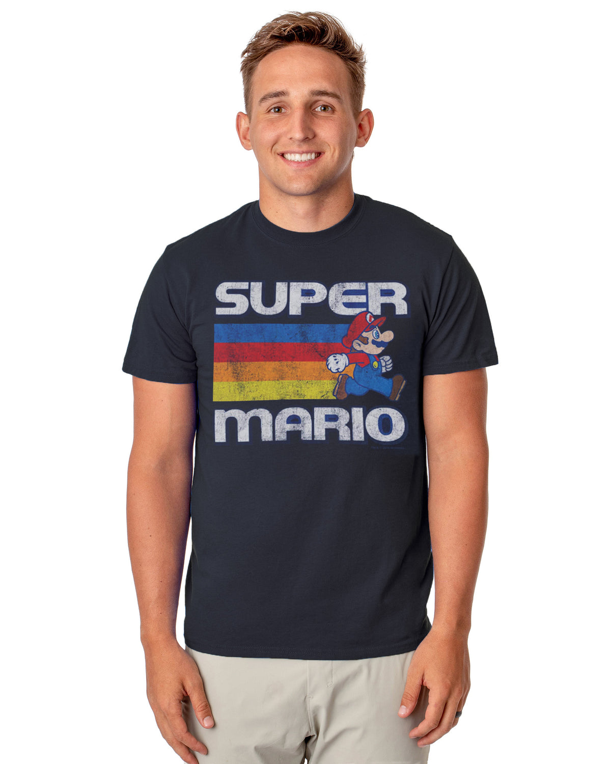 Super Mario World T-Shirt Men's Distressed Rainbow Stripe Graphic Tee
