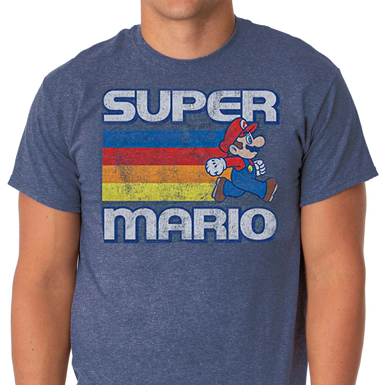 Super Mario T-Shirt Men's Rainbow Trail Distressed Short Sleeve Tee