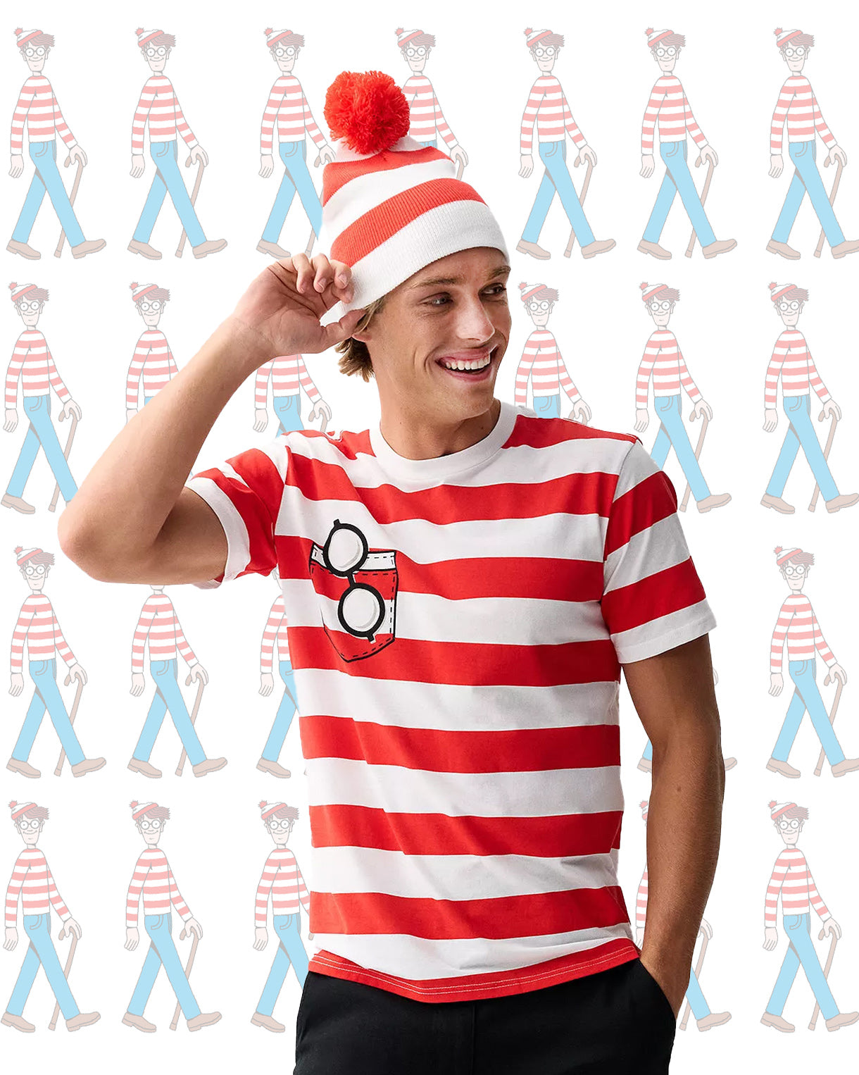 Where's Waldo T-Shirt  Men's Costume Dress Up Tee and Beanie Set