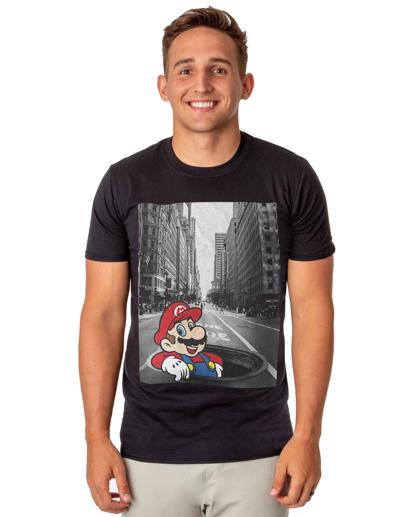 Super Mario T-Shirt Men's Black and White City Scene Graphic Tee