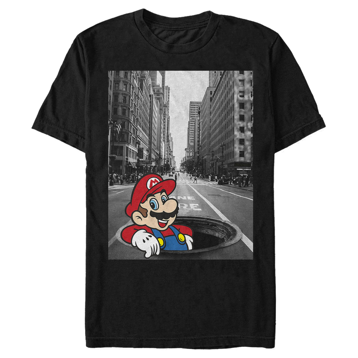 Super Mario T-Shirt Men's Black and White City Scene Graphic Tee