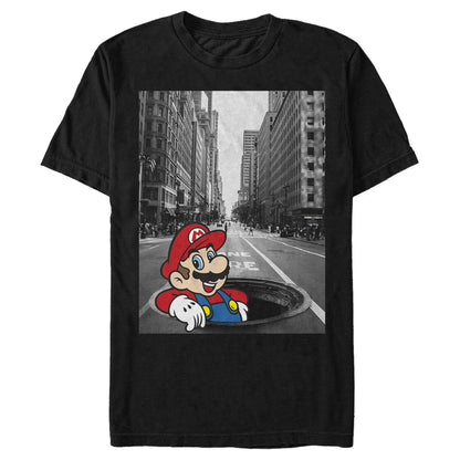 Super Mario T-Shirt Men's Black and White City Scene Graphic Tee
