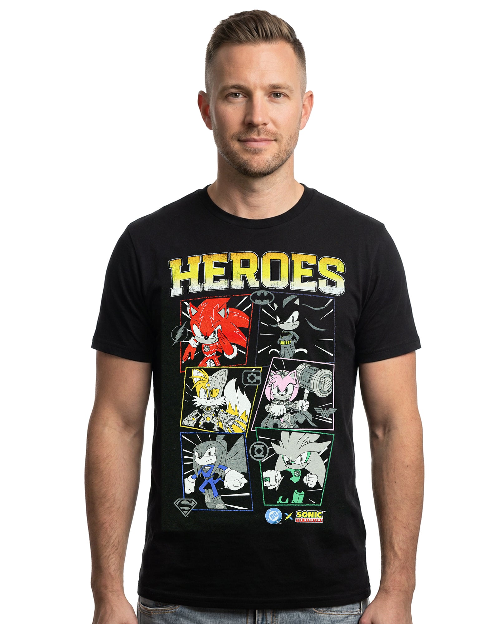 DC X Sonic The Hedgehog Men's T-Shirt Heroes Comic Panel Distressed Tee